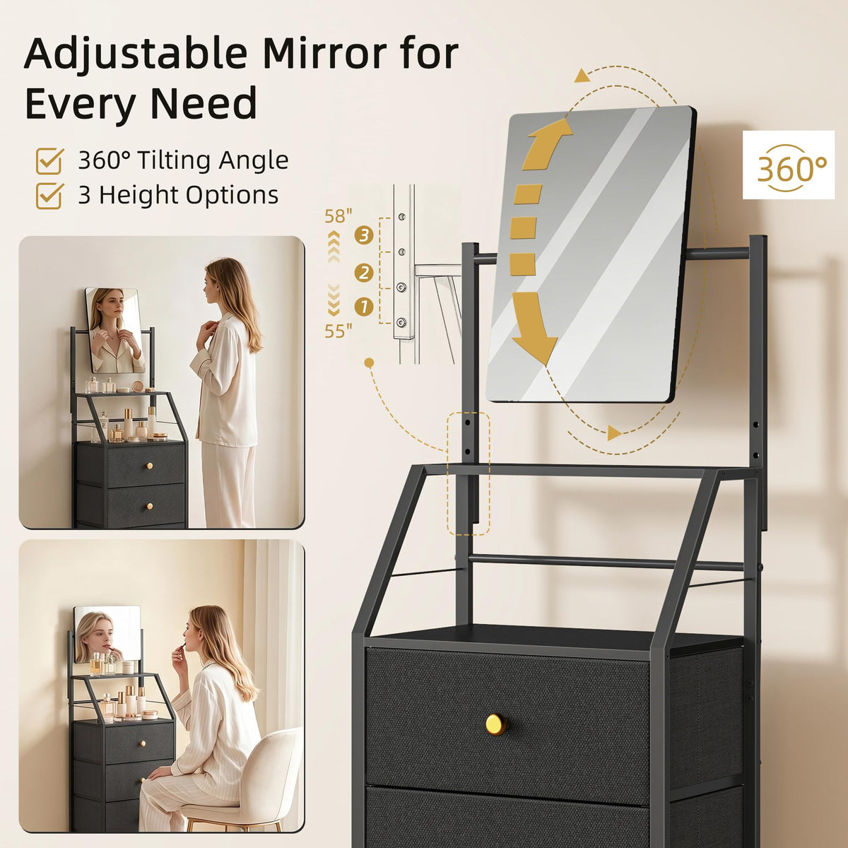 Black 4 Drawer Vanity Dresser with Adjustable Mirror C6755