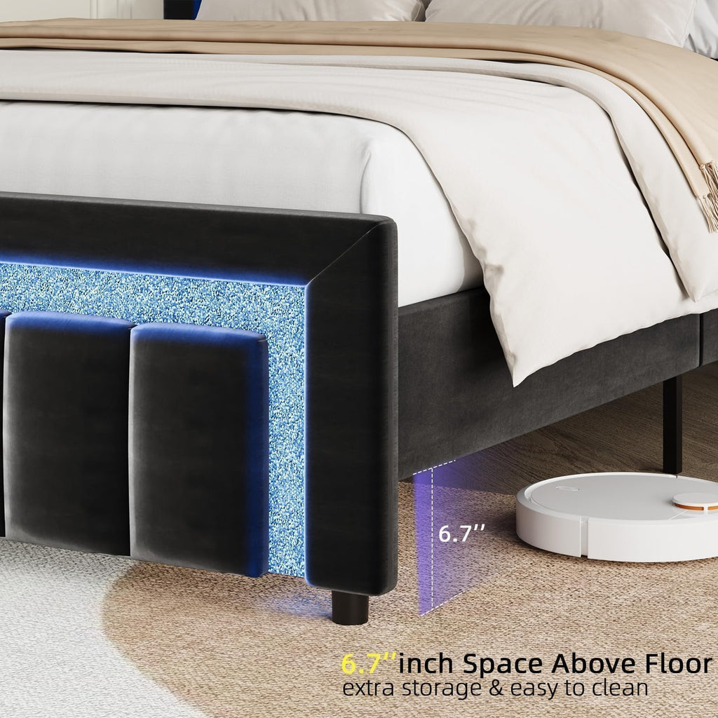 Full Size Velvet Upholstered Bed Frame with LED Lights R70114