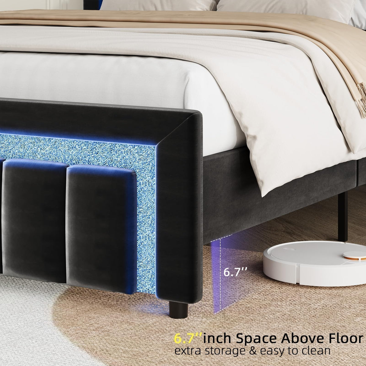 Full Size Velvet Upholstered Bed Frame with LED Lights R70114