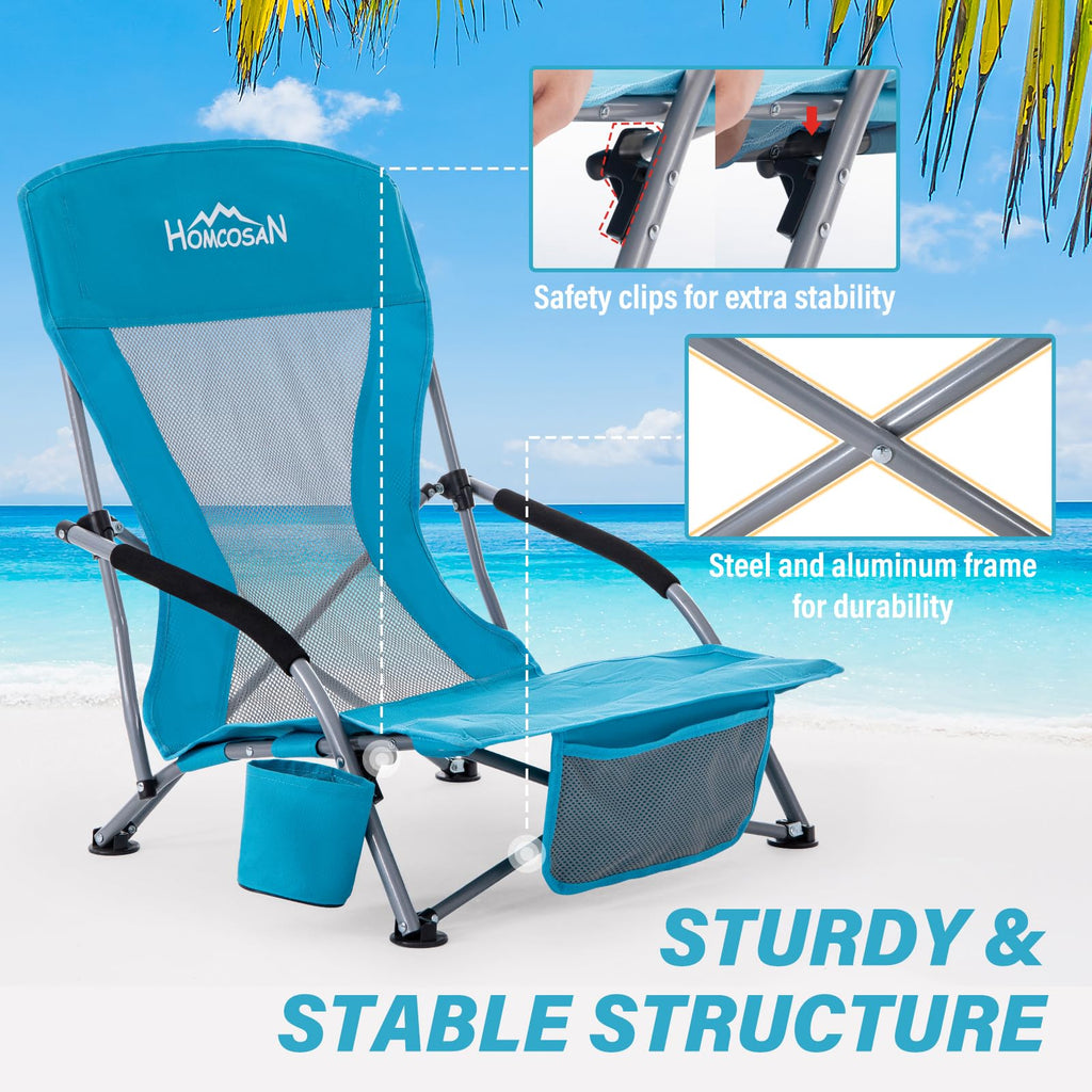 Portable Low Folding Beach Chairs Set of 2 Lightweight with Cup Holder Storage Pockets Carry Bag Blue F701498
