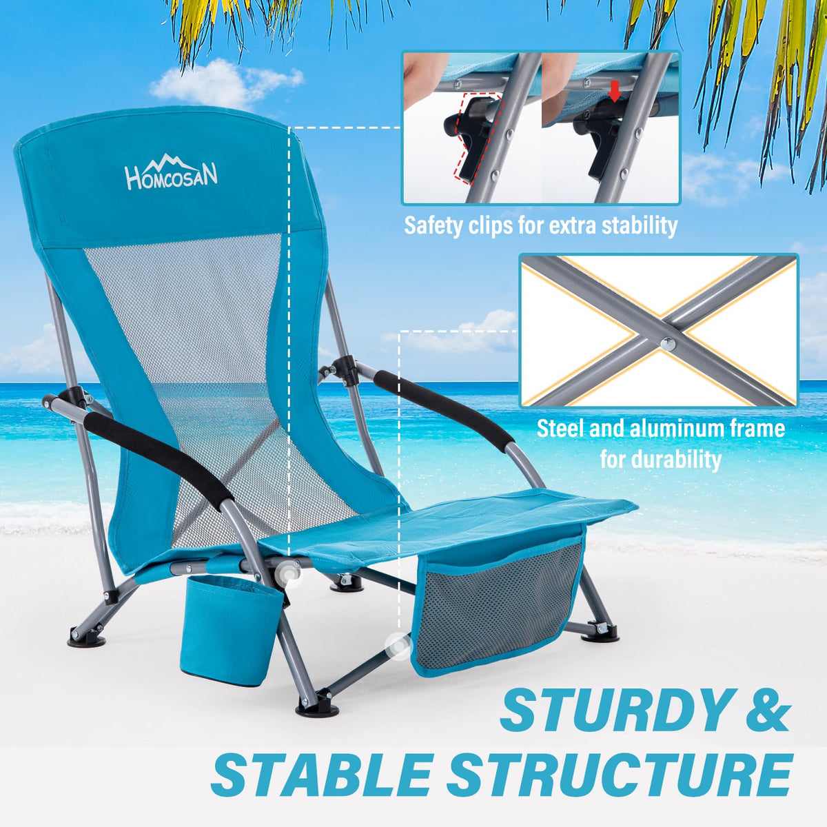 Portable Low Folding Beach Chairs Set of 2 Lightweight with Cup Holder Storage Pockets Carry Bag Blue F701498