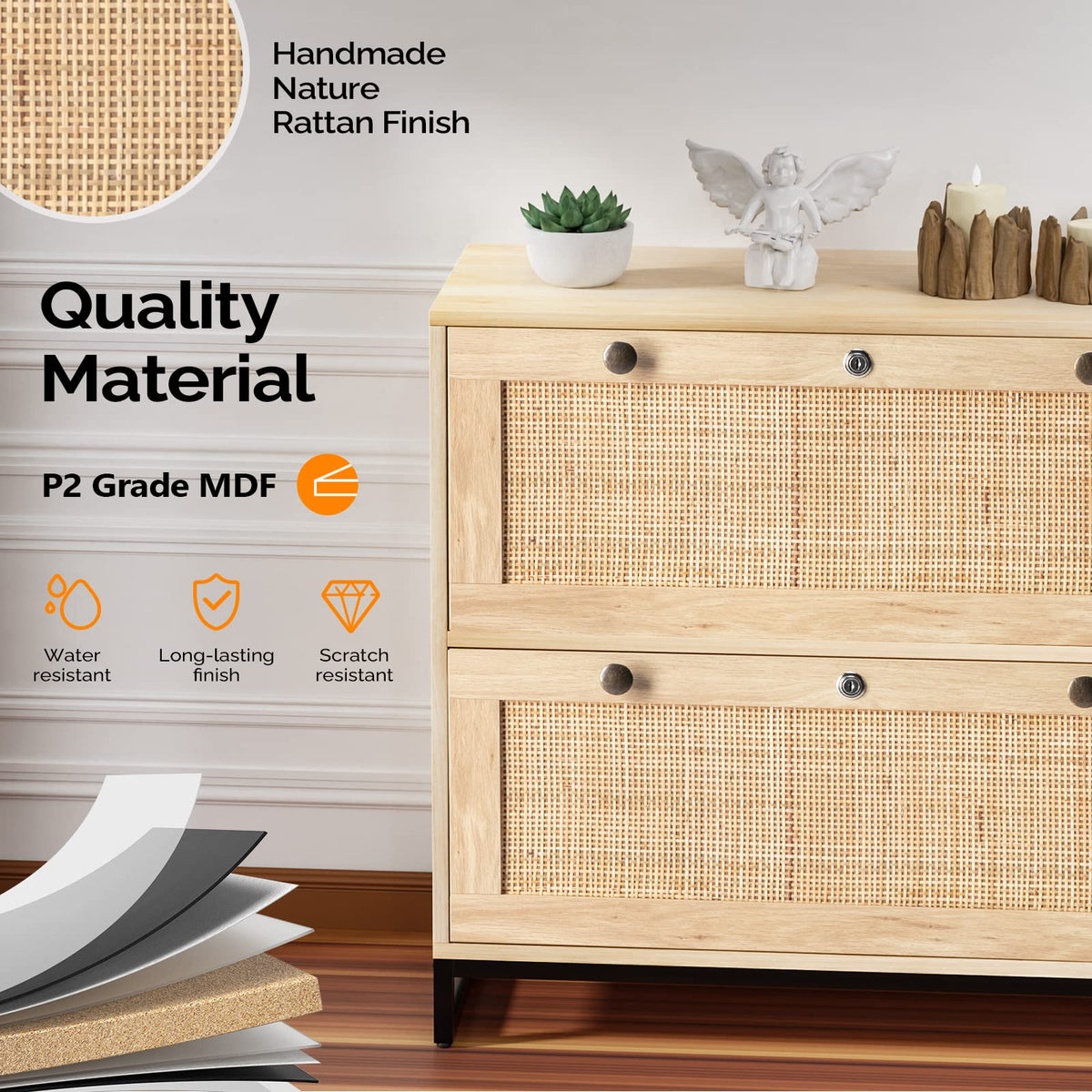 Oak Wood Rattan 2 Drawer Lateral File Cabinet with Lock F78727