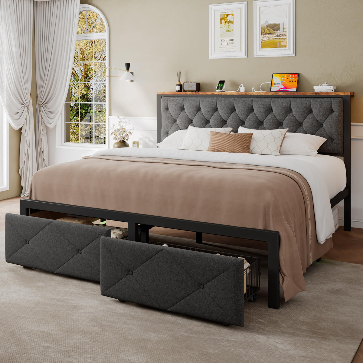 King Size Metal Platform Bed Frame with 2 Storage Drawers M3532