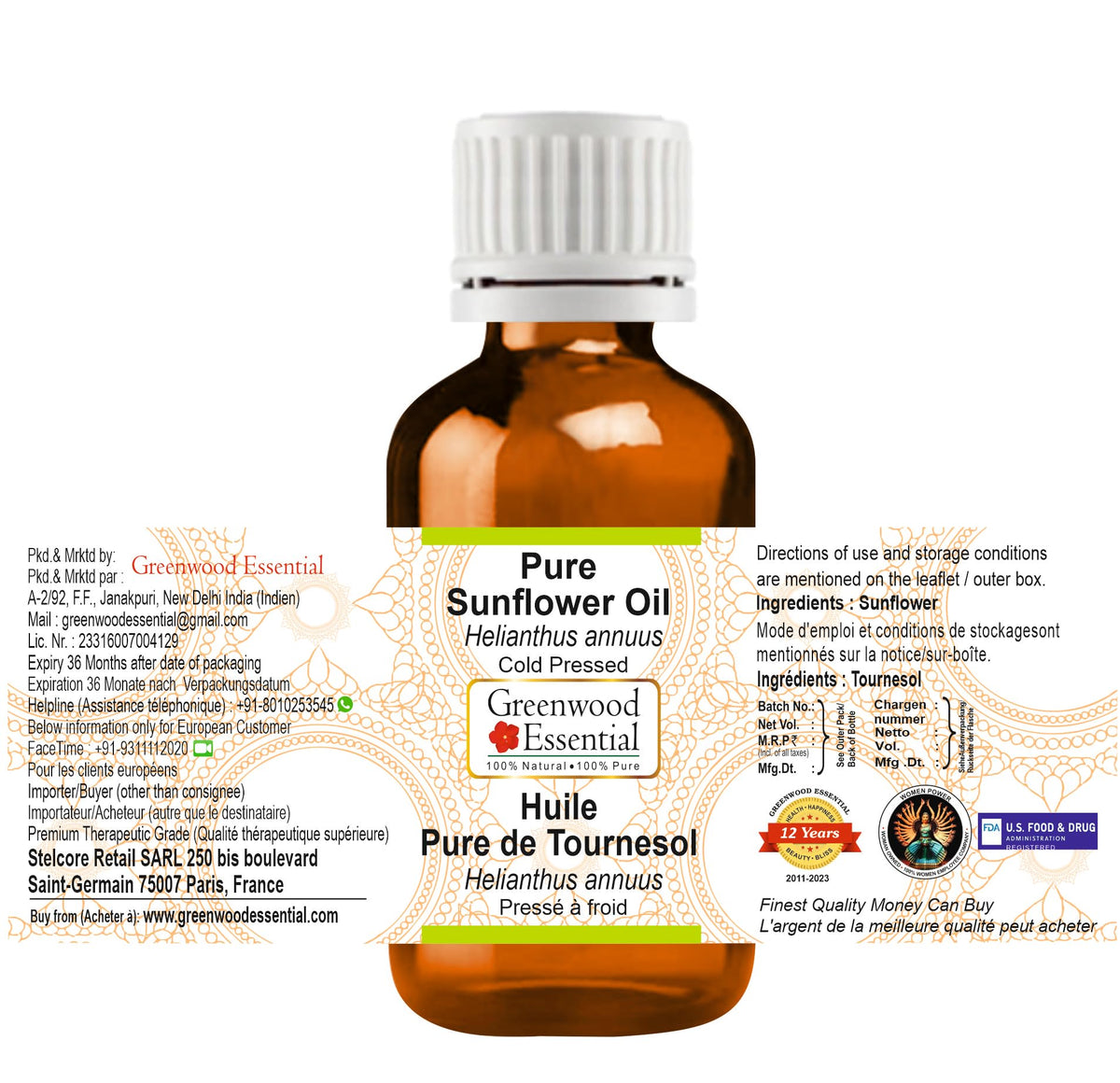 Pure Sunflower Oil Cold Pressed 30ml (1 oz) G169