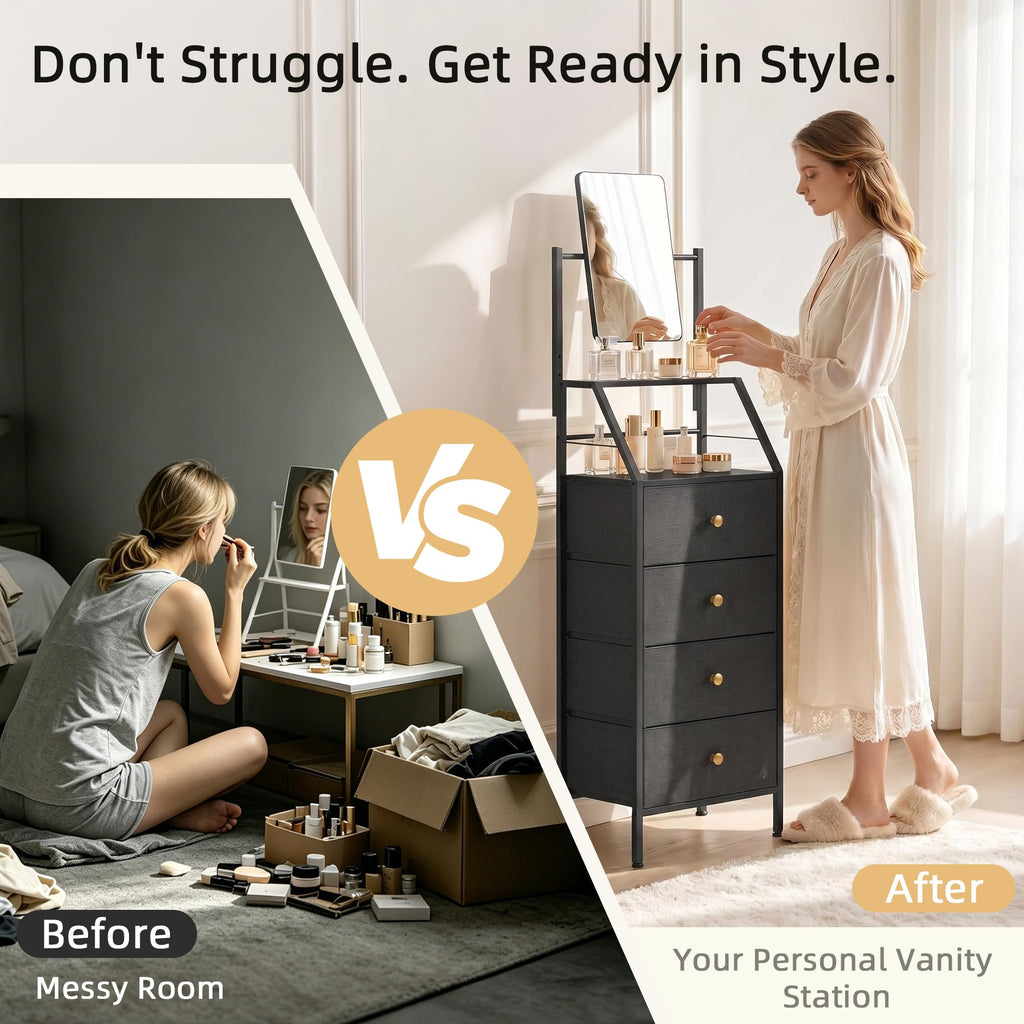 Black 4 Drawer Vanity Dresser with Adjustable Mirror C6755