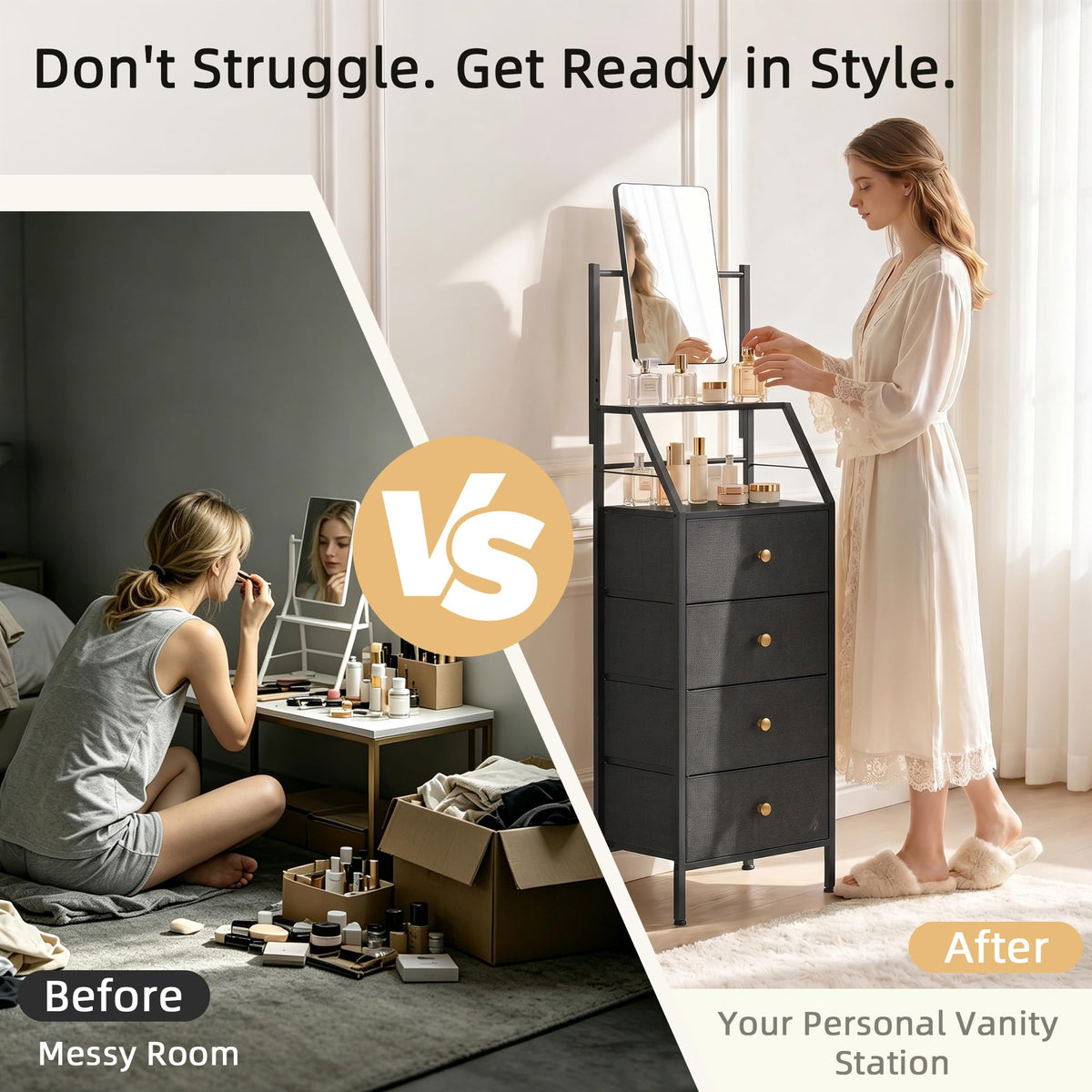 Black 4 Drawer Vanity Dresser with Adjustable Mirror C6755