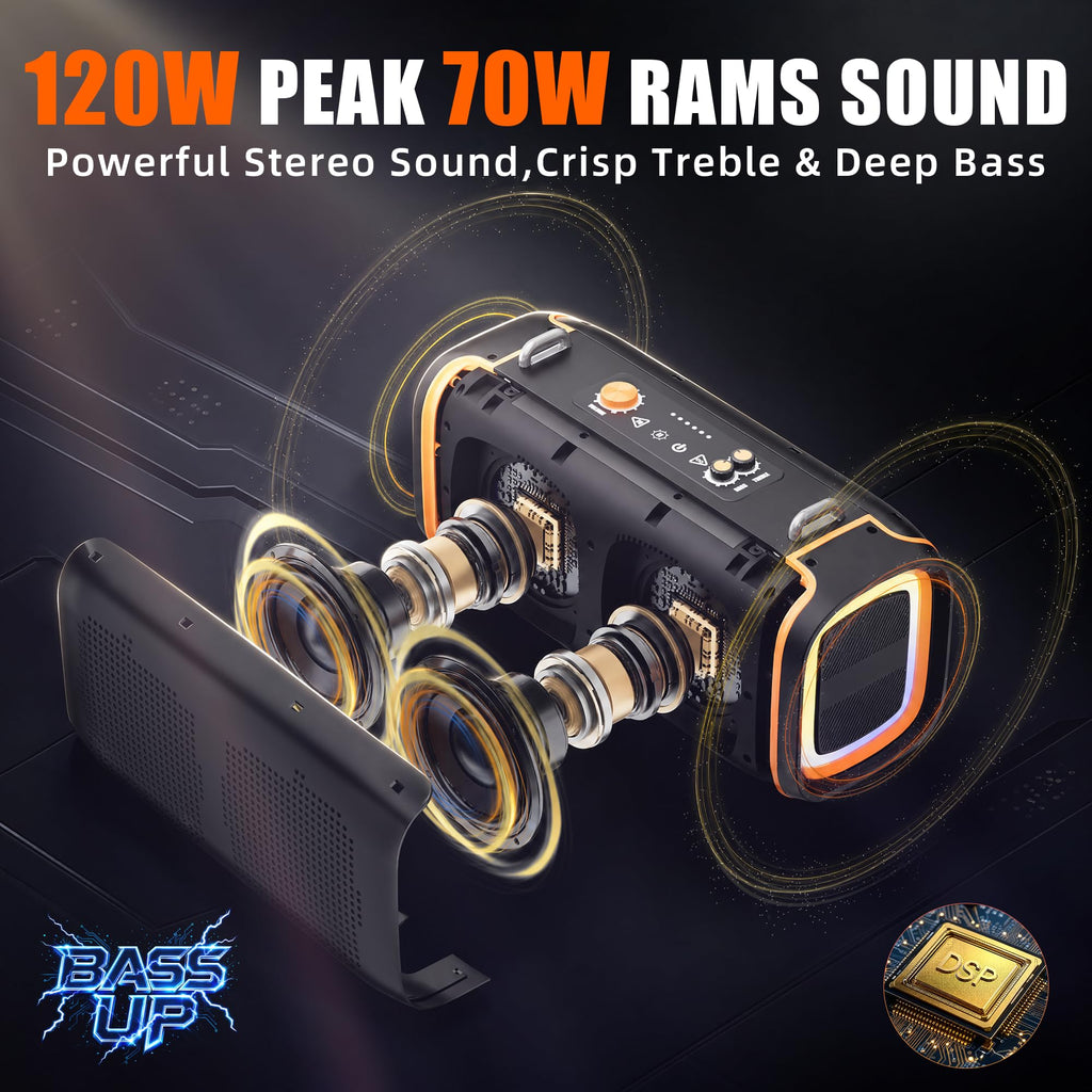Portable Bluetooth Speaker, 120W Peak, 28-Hour Playtime F50730