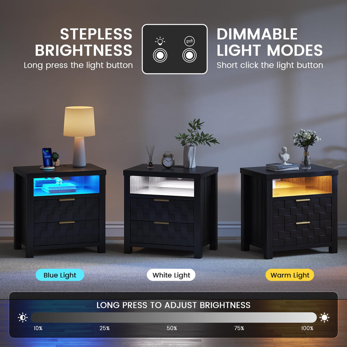 Black Nightstand with Charging Station, 2 Drawers, LED Lights Y2596