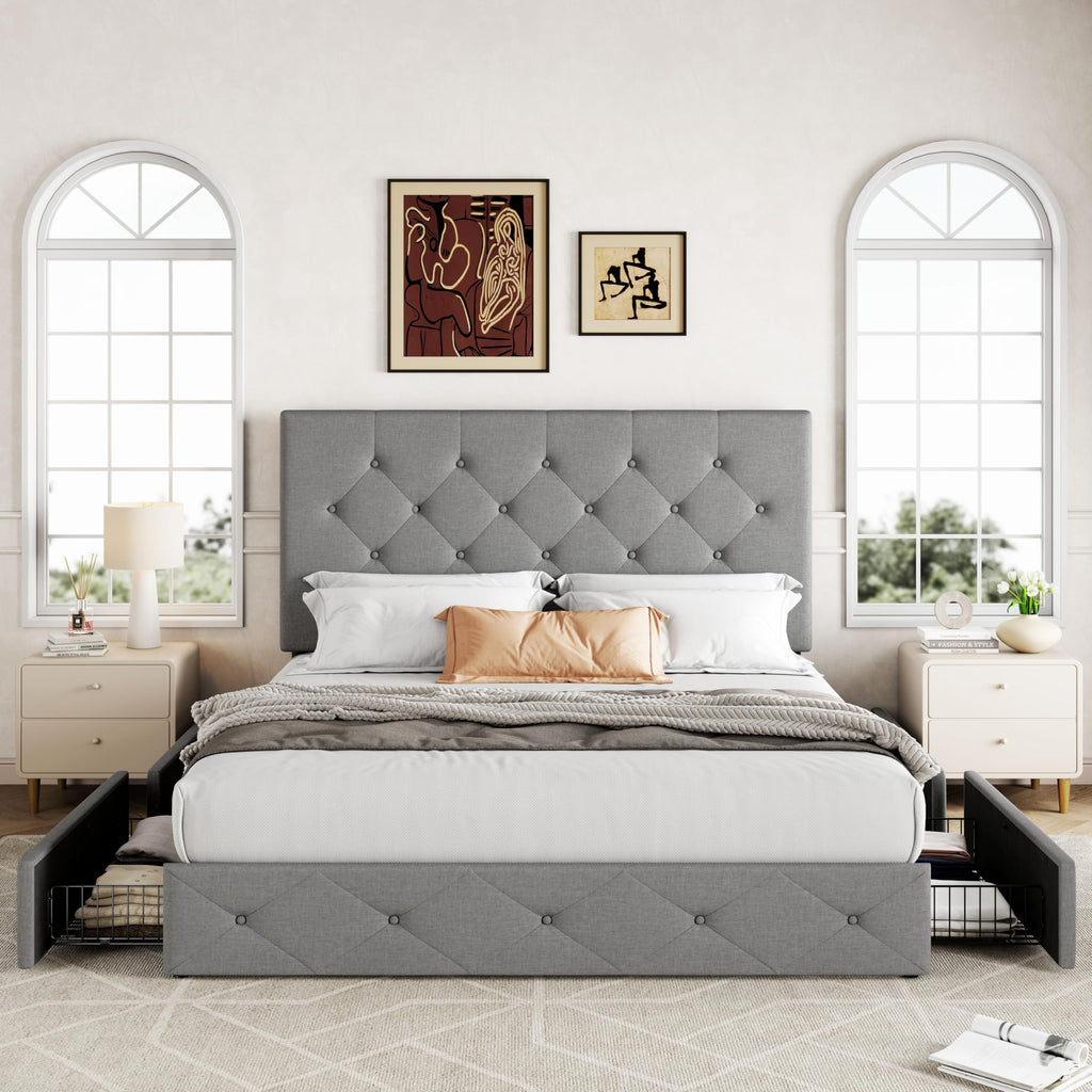 Queen Size Light Grey Upholstered Storage Bed Frame with 4 Drawers V60125