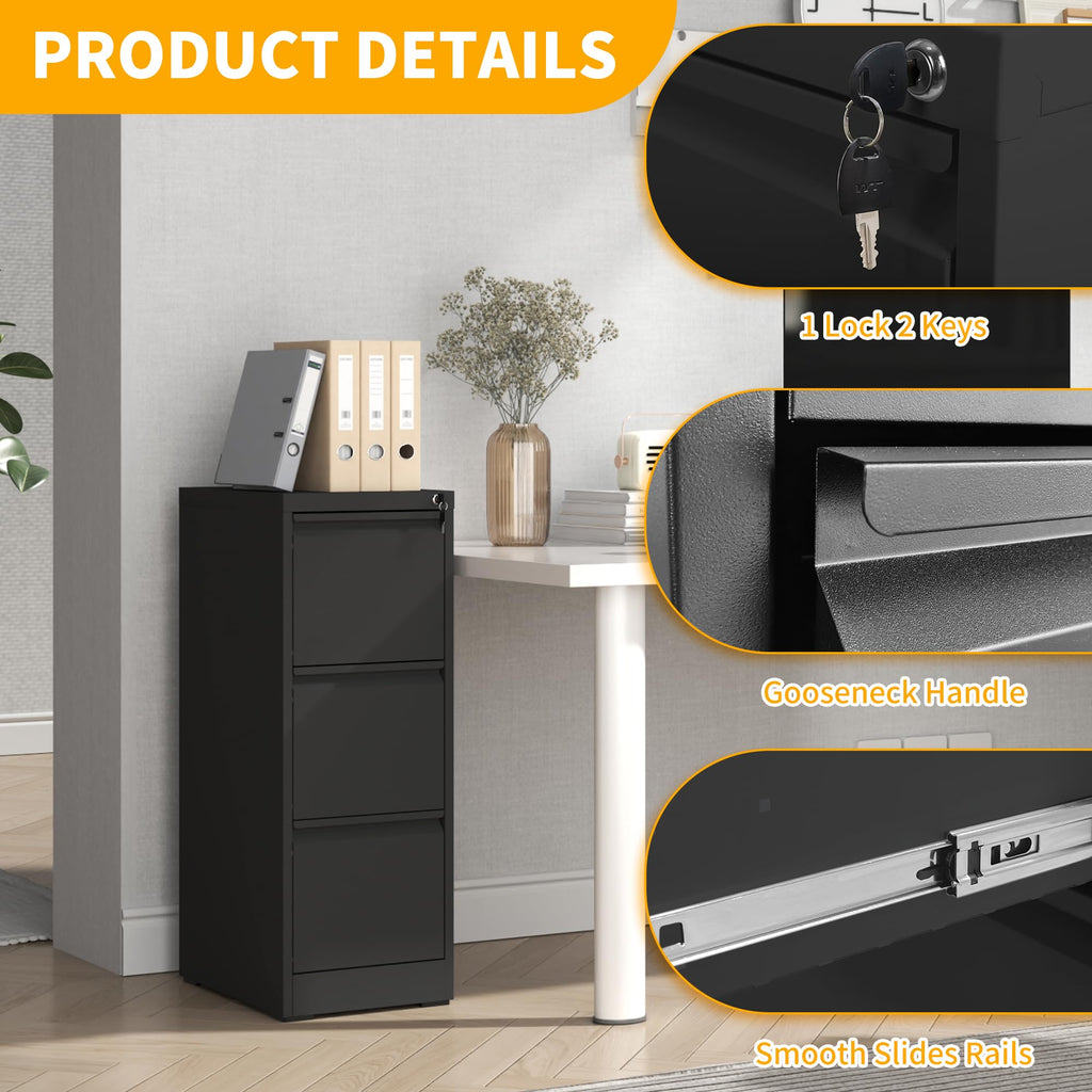 3 Drawer Black Metal File Cabinet with Lock C56447