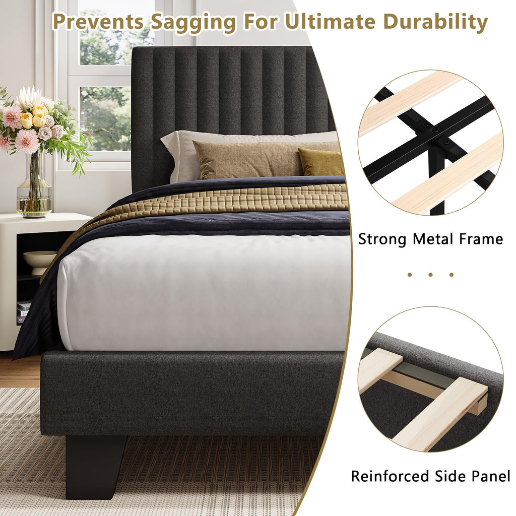 Queen Size Upholstered Platform Bed with Linen Headboard C1324