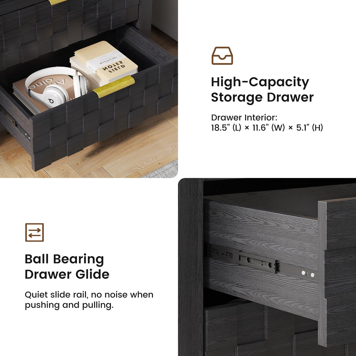 Black Nightstand with Charging Station, 2 Drawers, LED Lights Y2596
