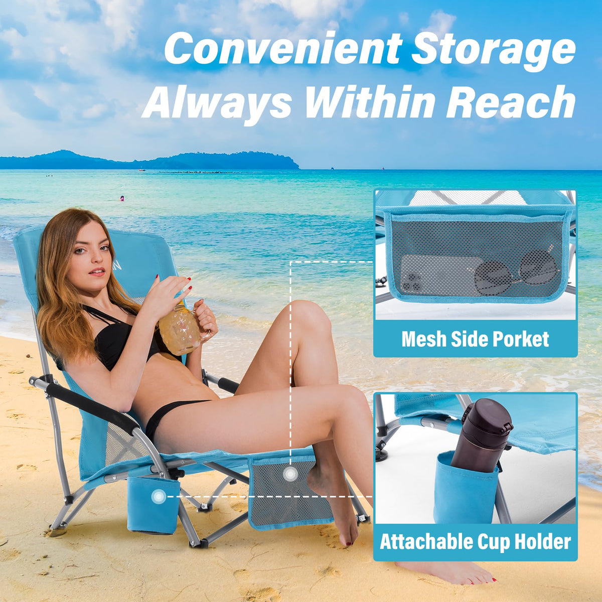 Portable Low Folding Beach Chairs Set of 2 Lightweight with Cup Holder Storage Pockets Carry Bag Blue F701498