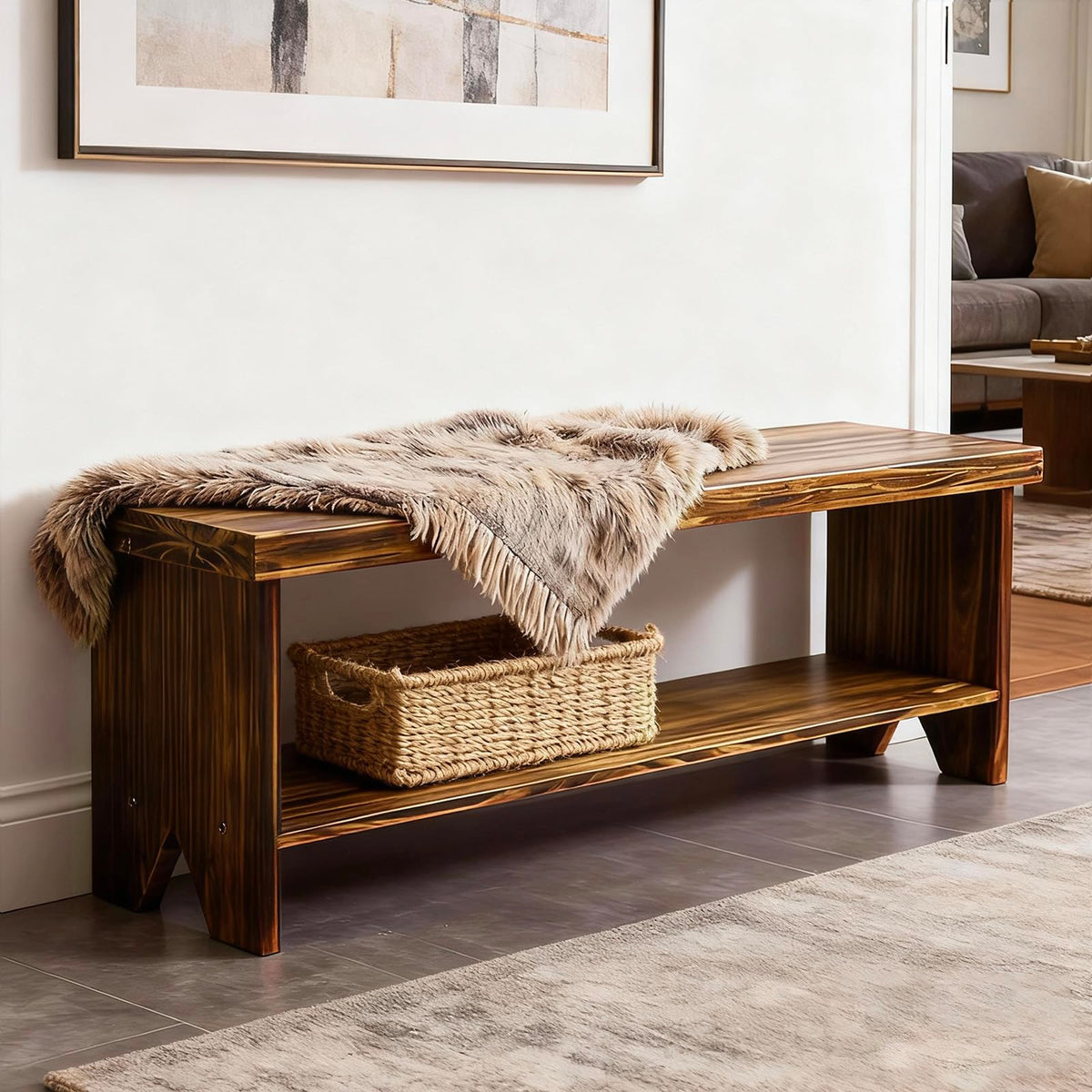 Solid Wood Entryway Bench with Storage Shelf R9498