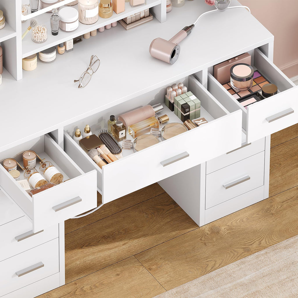 White Vanity Desk with Mirror and 9 Drawers F986