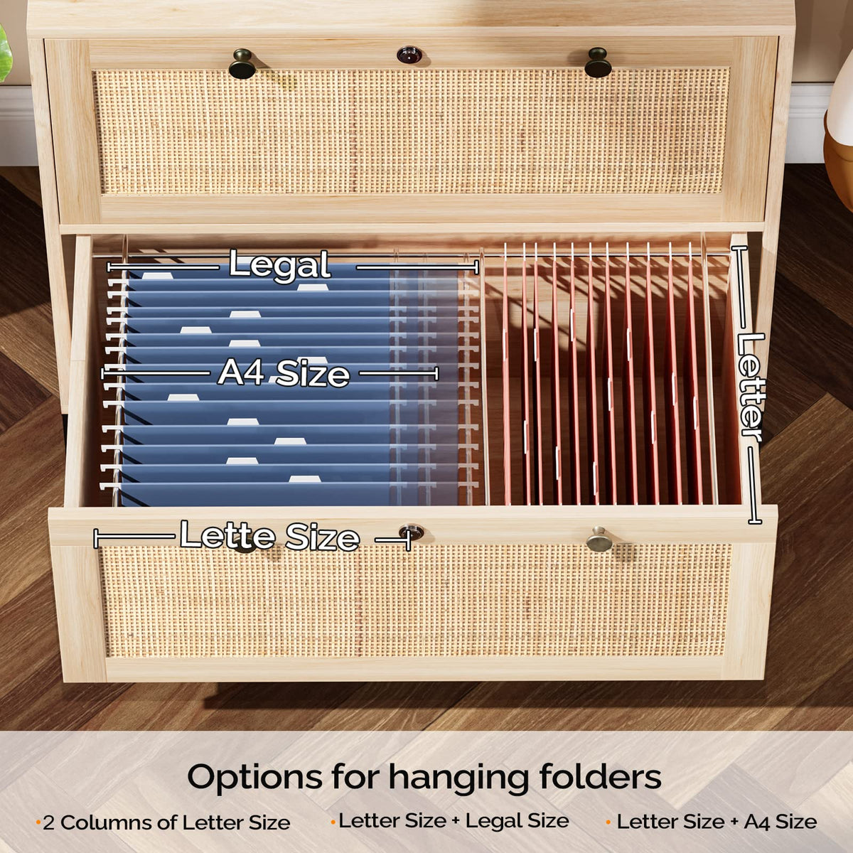 Oak Wood Rattan 2 Drawer Lateral File Cabinet with Lock F78727