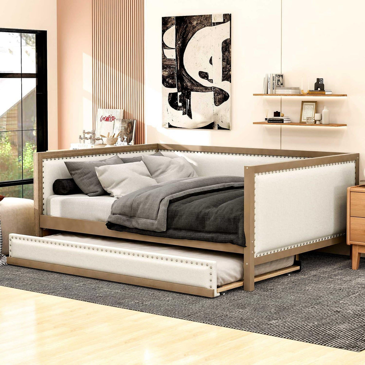 Full Size Upholstered Daybed with Trundle Linen Fabric N321892