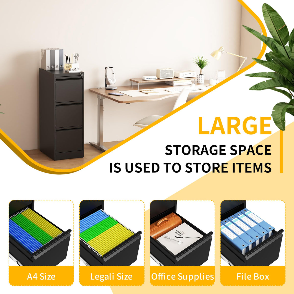 3 Drawer Black Metal File Cabinet with Lock C56447