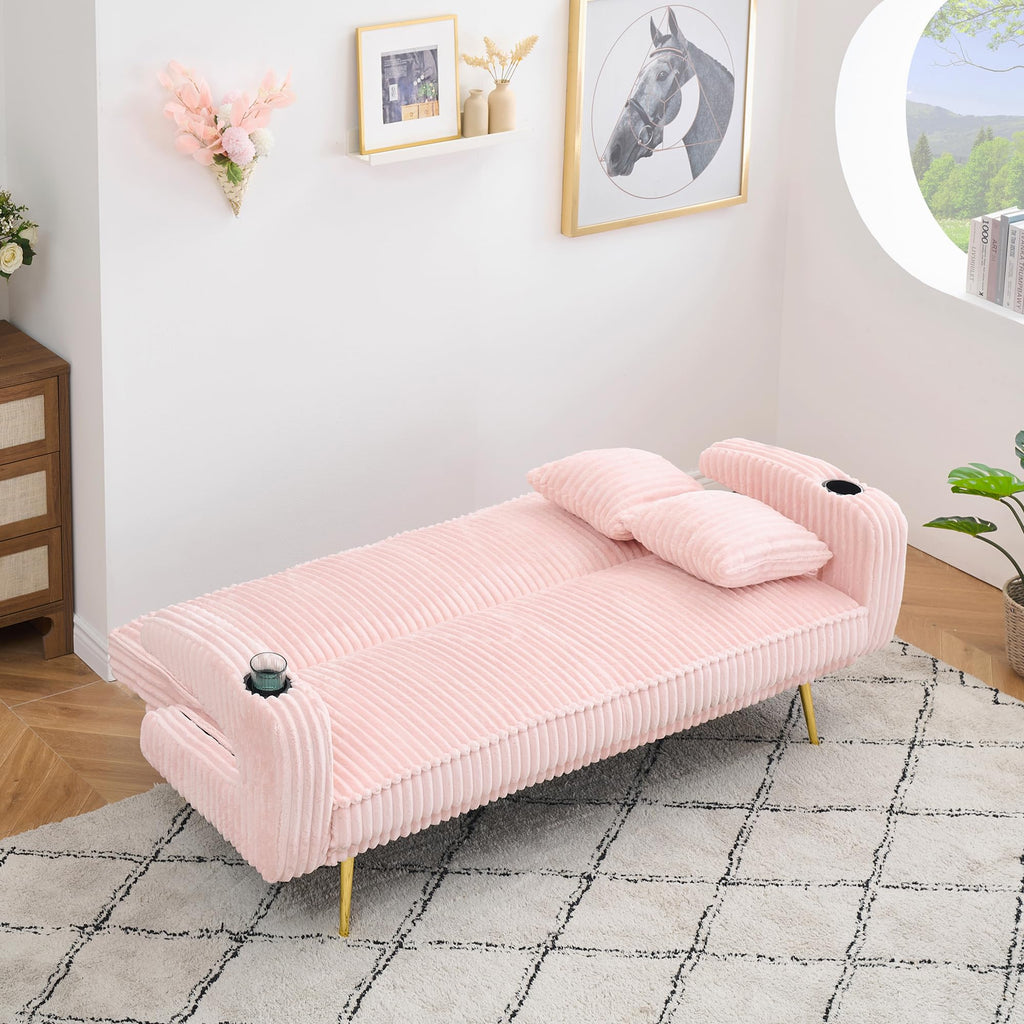 74" Pink Corduroy Convertible Sofa Bed with Cup Holder X654