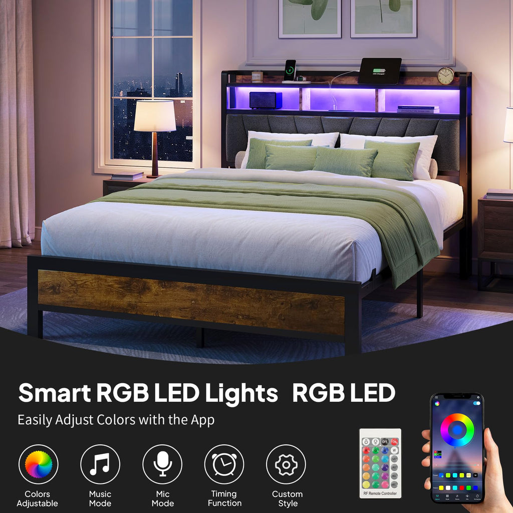 Full Bed Frame with LED Lights and Charging Station A939771