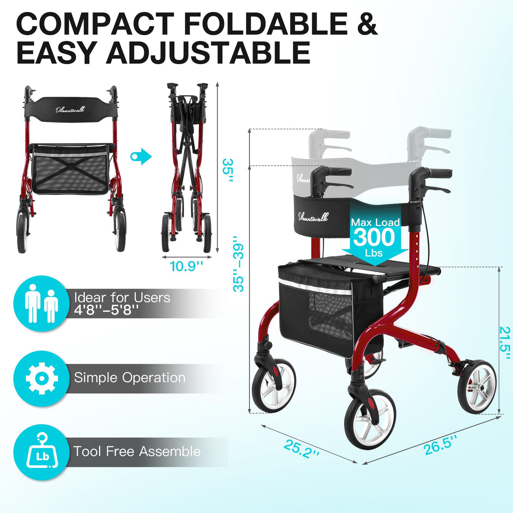 Lightweight Foldable Rollator Walker with Seat and 8" Rubber Wheels E96066
