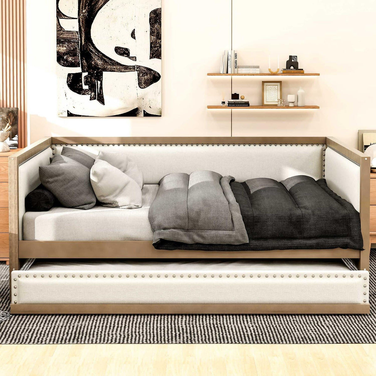 Full Size Upholstered Daybed with Trundle Linen Fabric N321892
