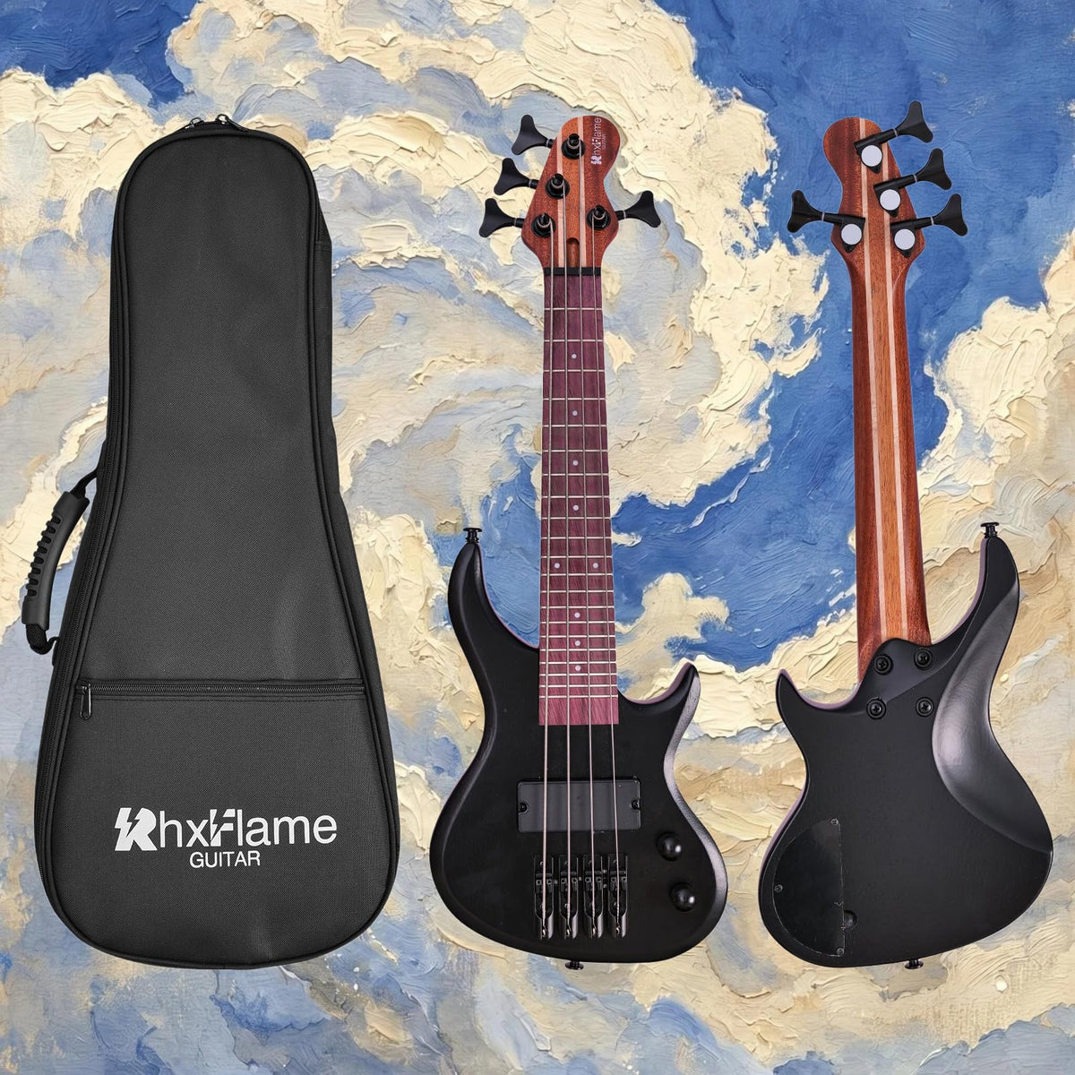 Matte Black Solid Wood 4 String Short Scale Electric Bass Guitar with Humbucker Pickup and Gig Bag L987