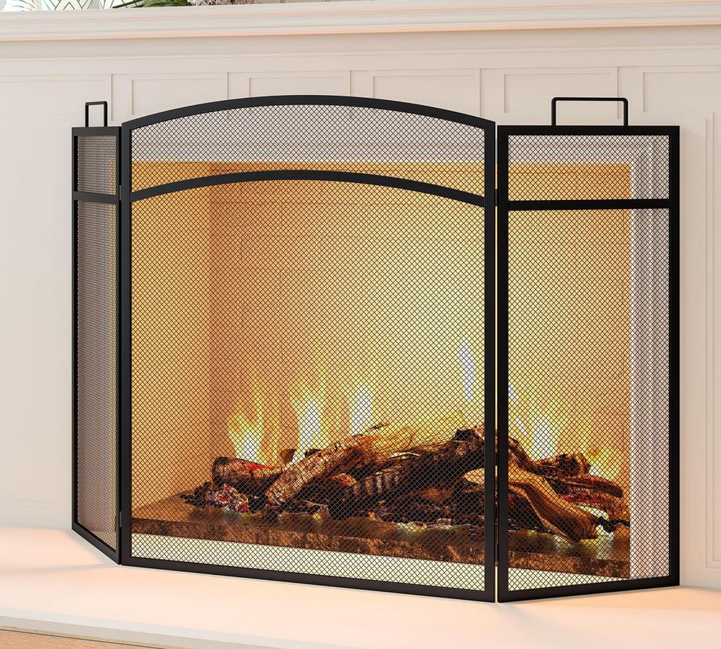 Black Foldable Wrought Metal Mesh Fireplace Screen Q9102