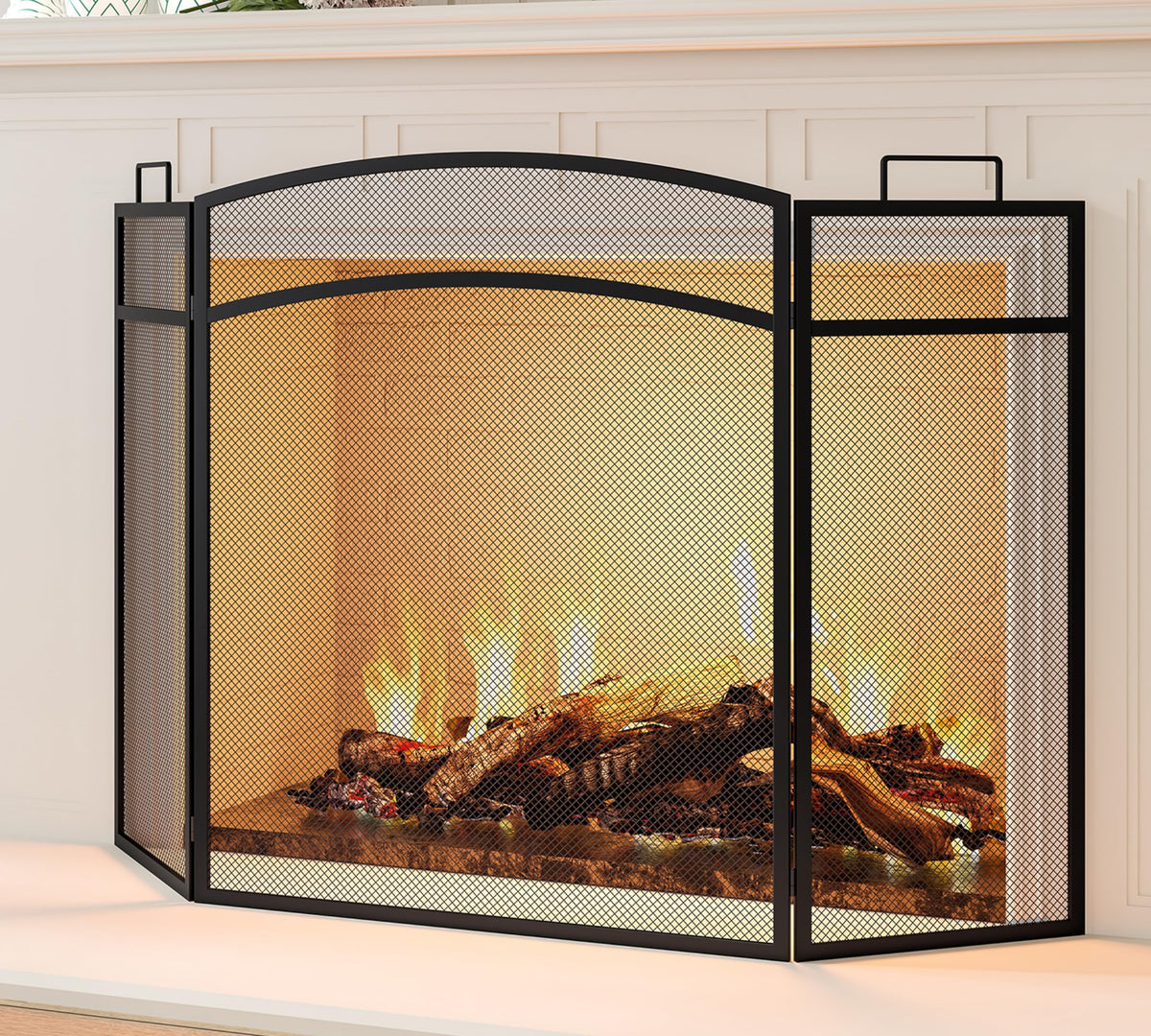 Black Foldable Wrought Metal Mesh Fireplace Screen Q9102