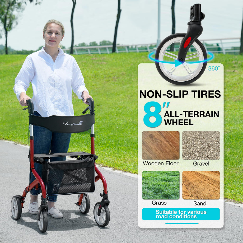 Lightweight Foldable Rollator Walker with Seat and 8" Rubber Wheels E96066