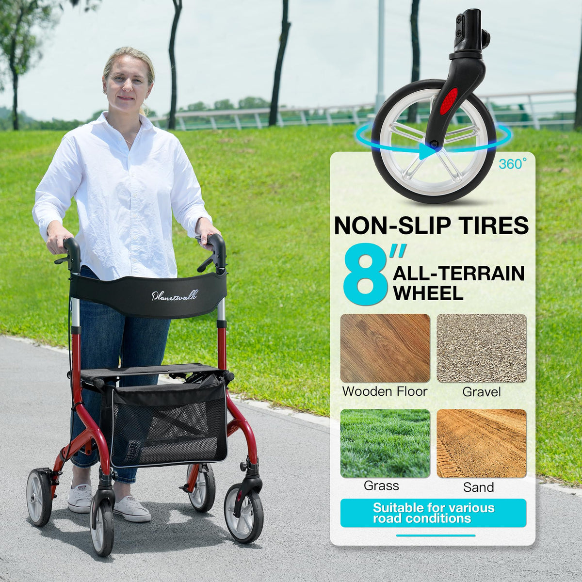 Lightweight Foldable Rollator Walker with Seat and 8" Rubber Wheels E96066