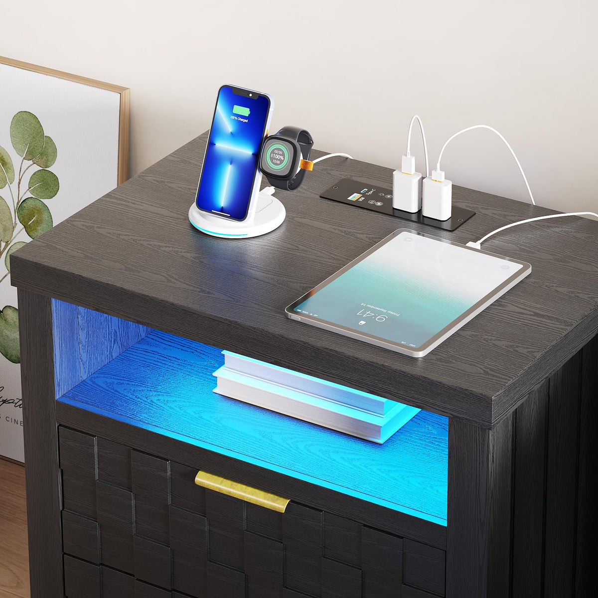 Black Nightstand with Charging Station, 2 Drawers, LED Lights Y2596