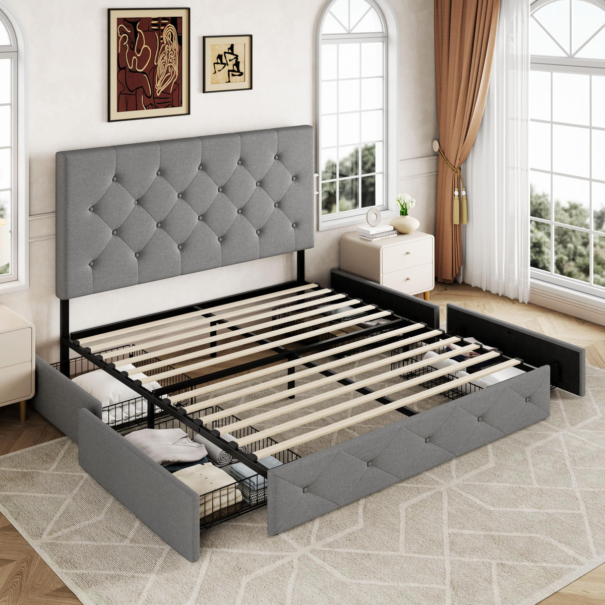 Queen Size Light Grey Upholstered Storage Bed Frame with 4 Drawers V60125