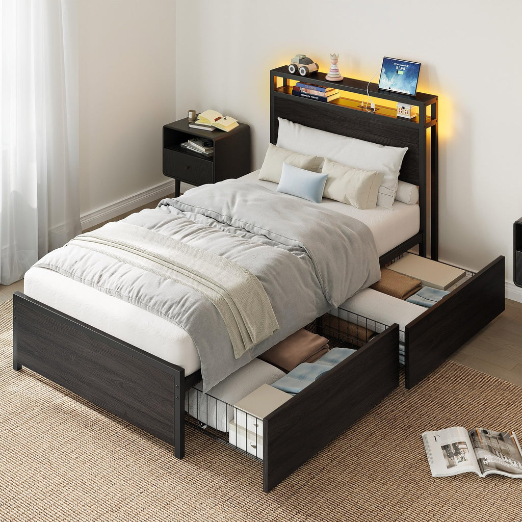 Twin Bed Frame with Storage Drawers and LED Light P987366