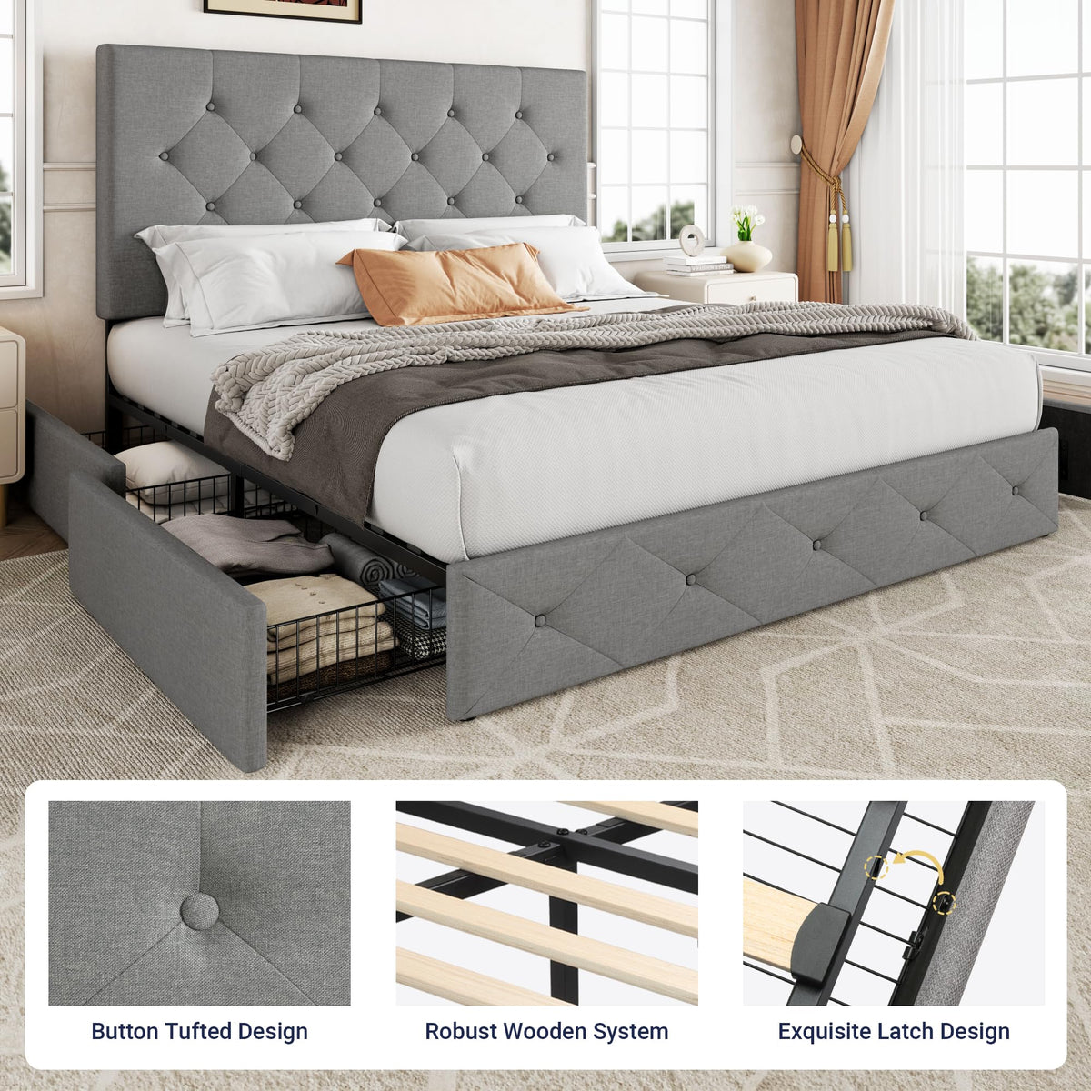 Queen Size Light Grey Upholstered Storage Bed Frame with 4 Drawers V60125