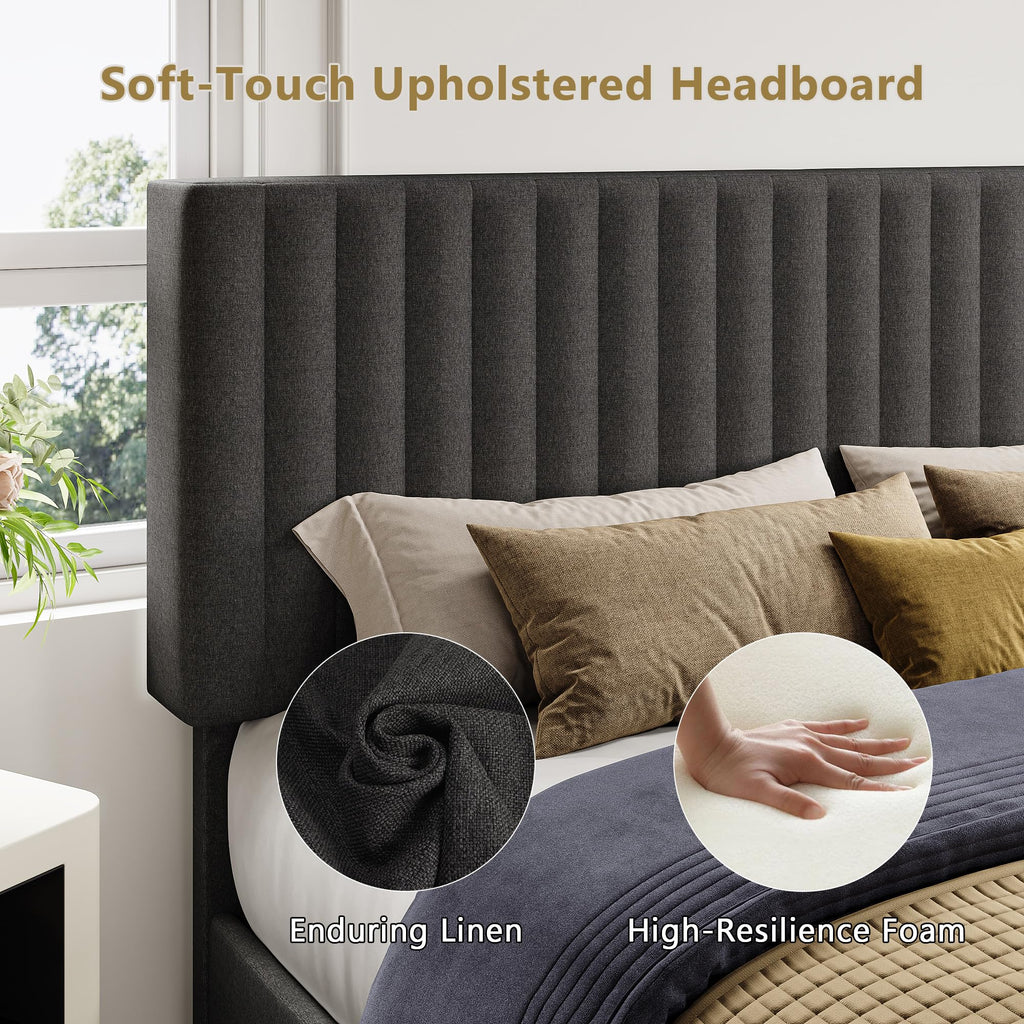 Queen Size Upholstered Platform Bed with Linen Headboard C1324