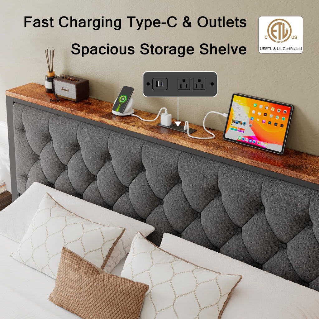 King Size Metal Platform Bed Frame with 2 Storage Drawers M3532