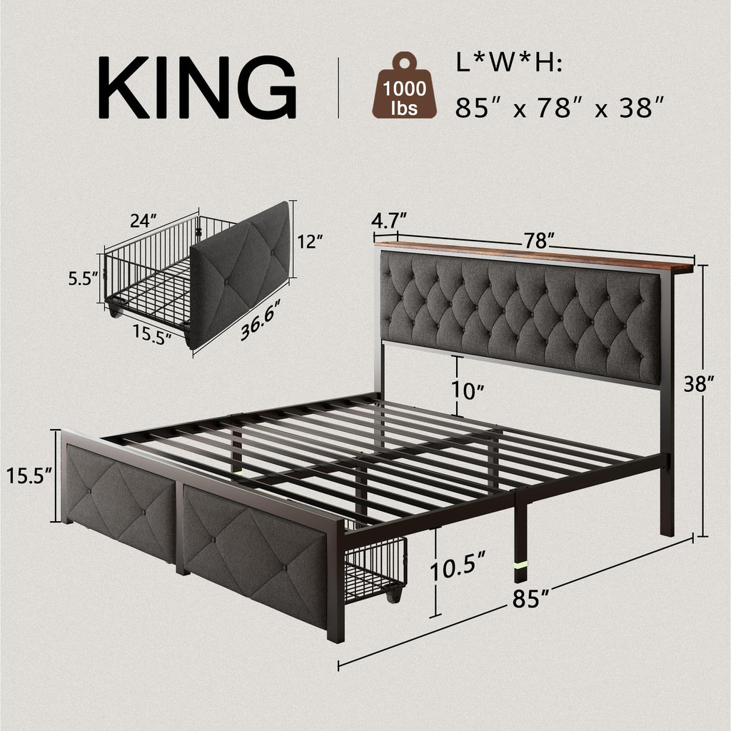 King Size Metal Platform Bed Frame with 2 Storage Drawers M3532