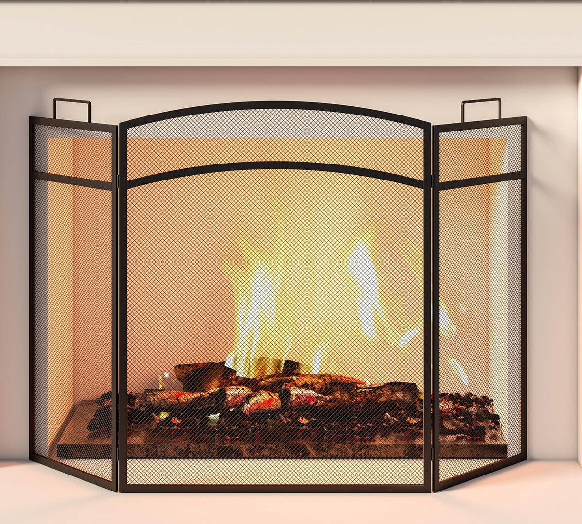 Black Foldable Wrought Metal Mesh Fireplace Screen Q9102