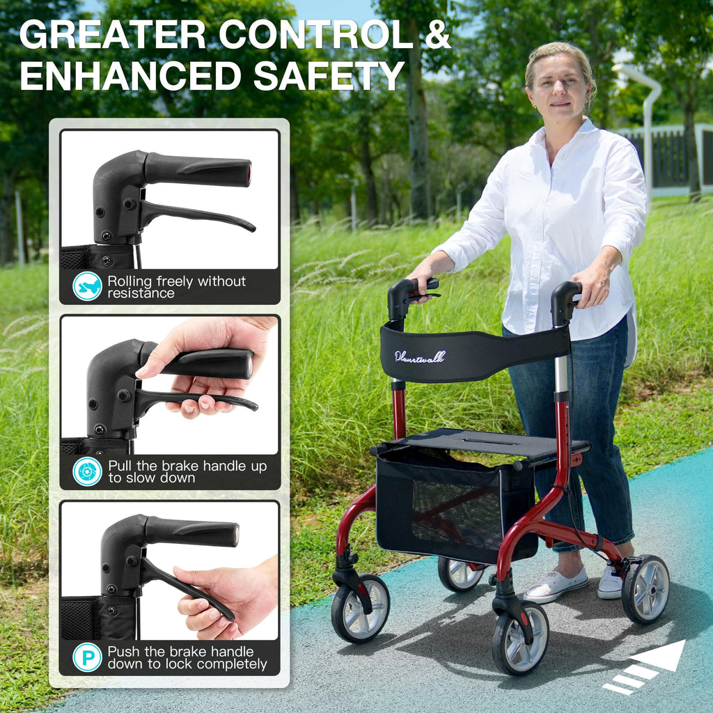 Lightweight Foldable Rollator Walker with Seat and 8" Rubber Wheels E96066