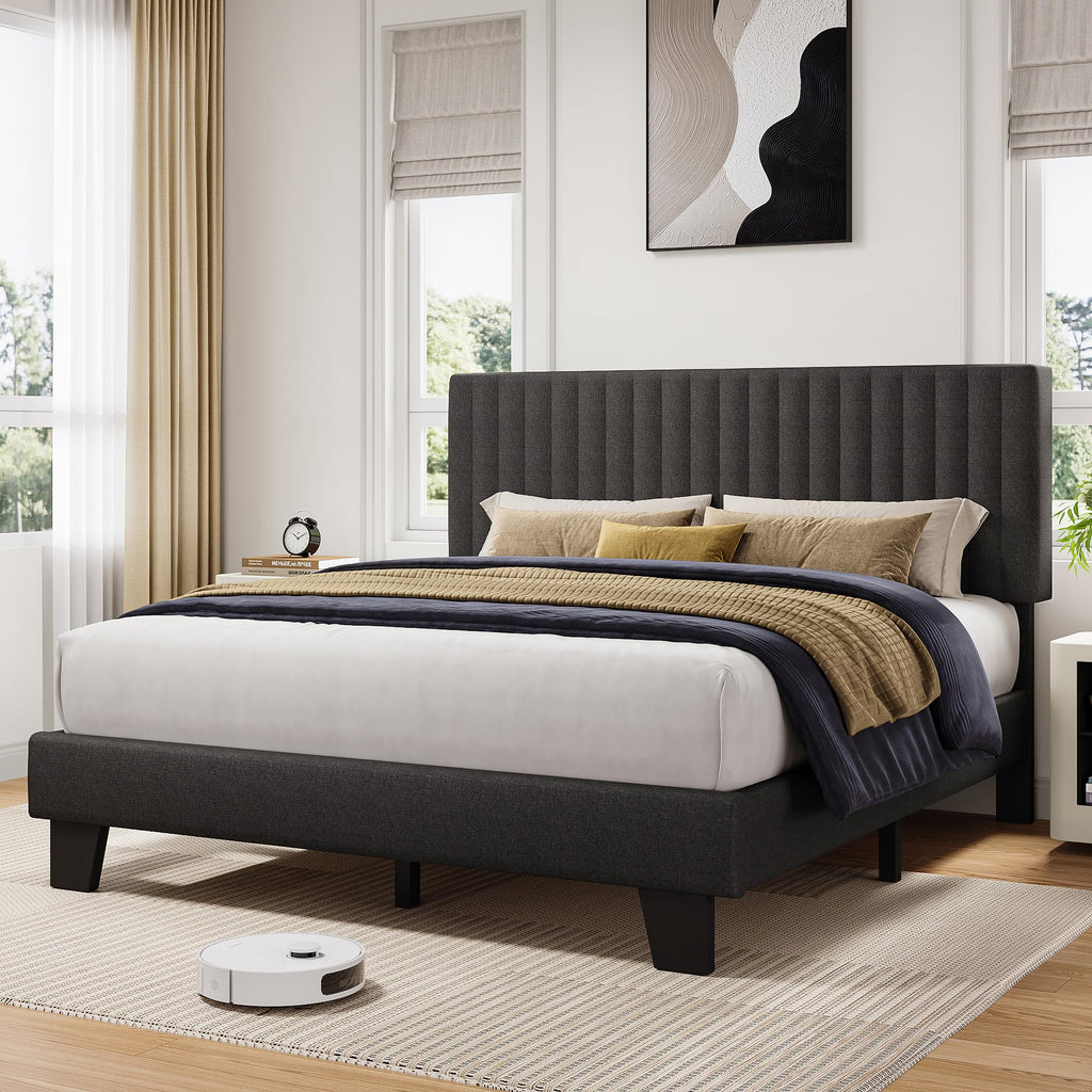 Queen Size Upholstered Platform Bed with Linen Headboard C1324