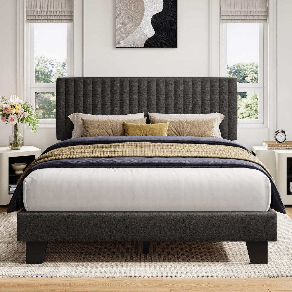 Queen Size Upholstered Platform Bed with Linen Headboard C1324