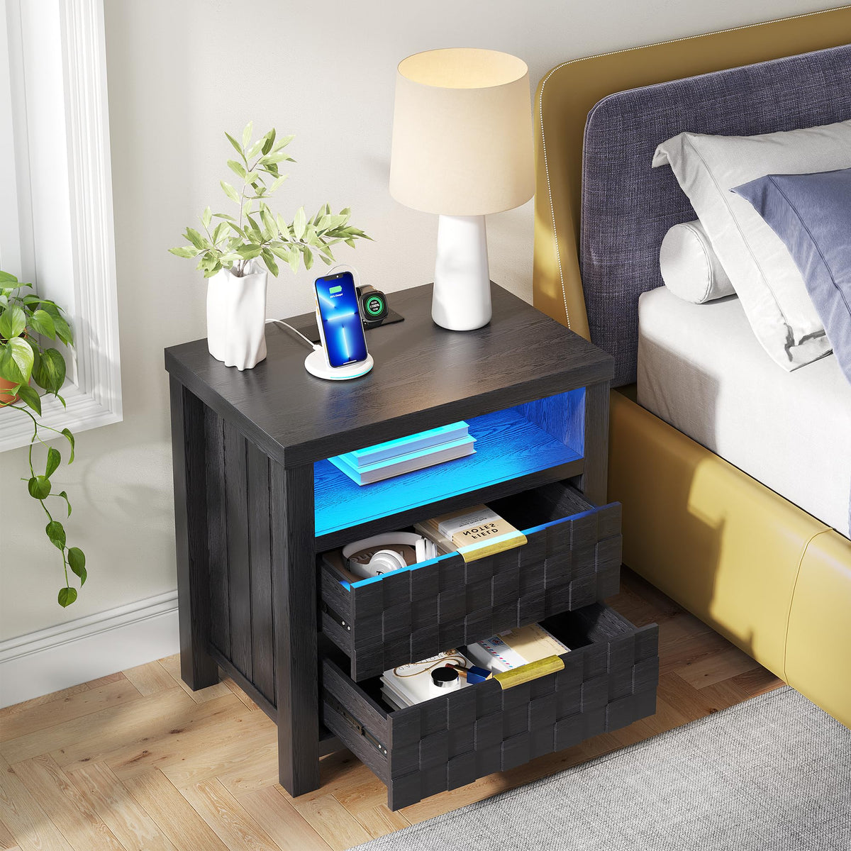 Black Nightstand with Charging Station, 2 Drawers, LED Lights Y2596