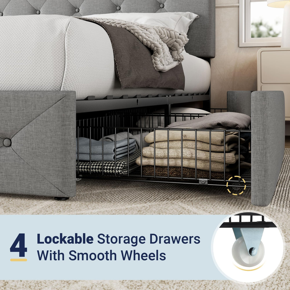 Queen Size Light Grey Upholstered Storage Bed Frame with 4 Drawers V60125