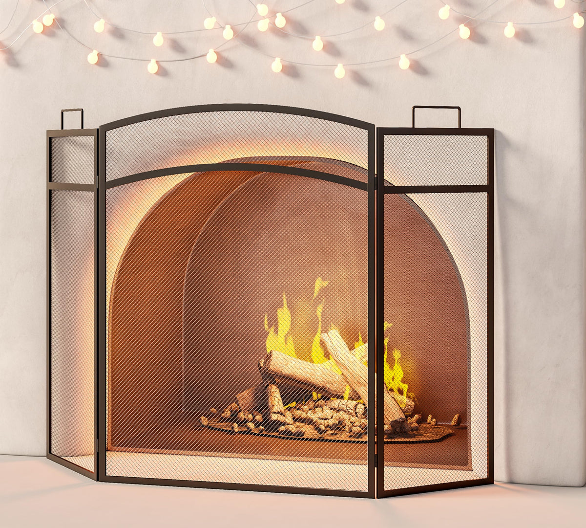 Black Foldable Wrought Metal Mesh Fireplace Screen Q9102