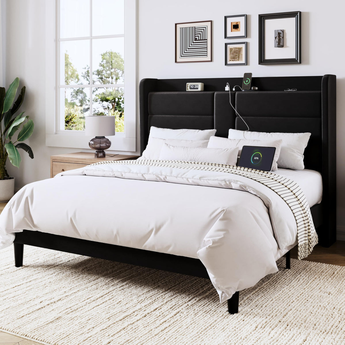 Queen Size Black Velvet Upholstered Platform Bed Frame with Storage Headboard J3179