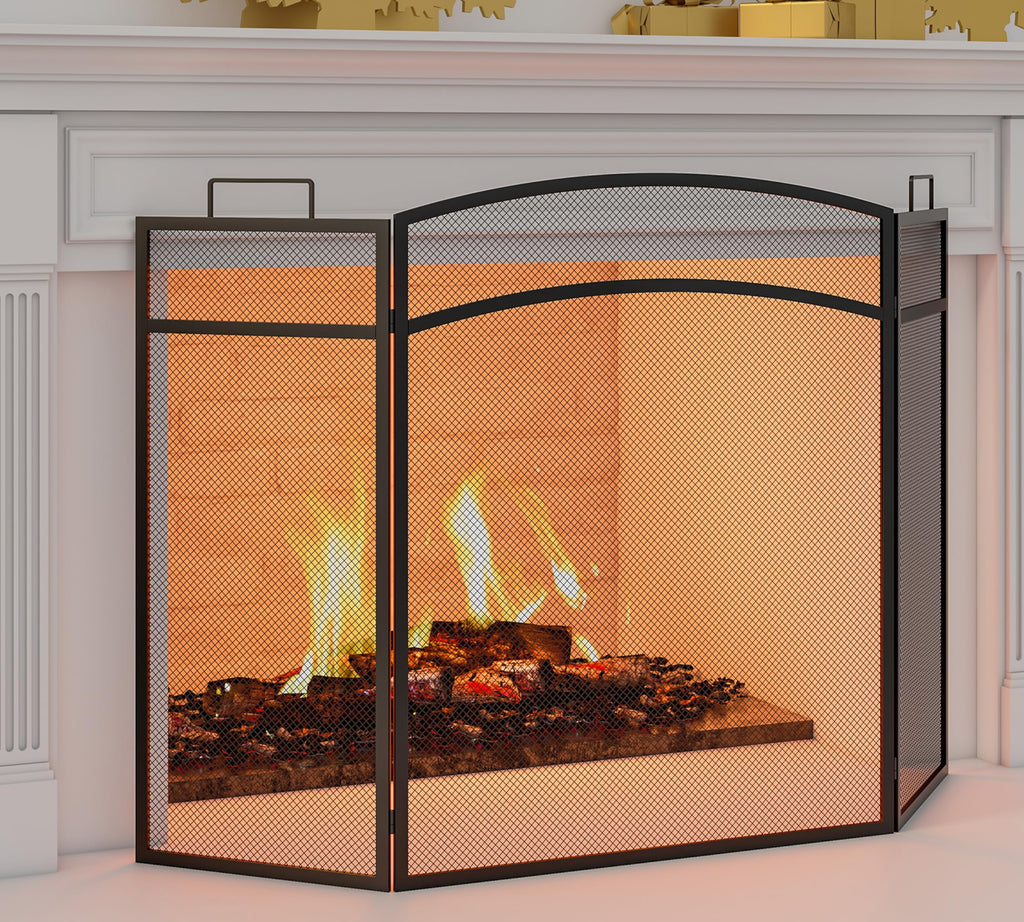 Black Foldable Wrought Metal Mesh Fireplace Screen Q9102