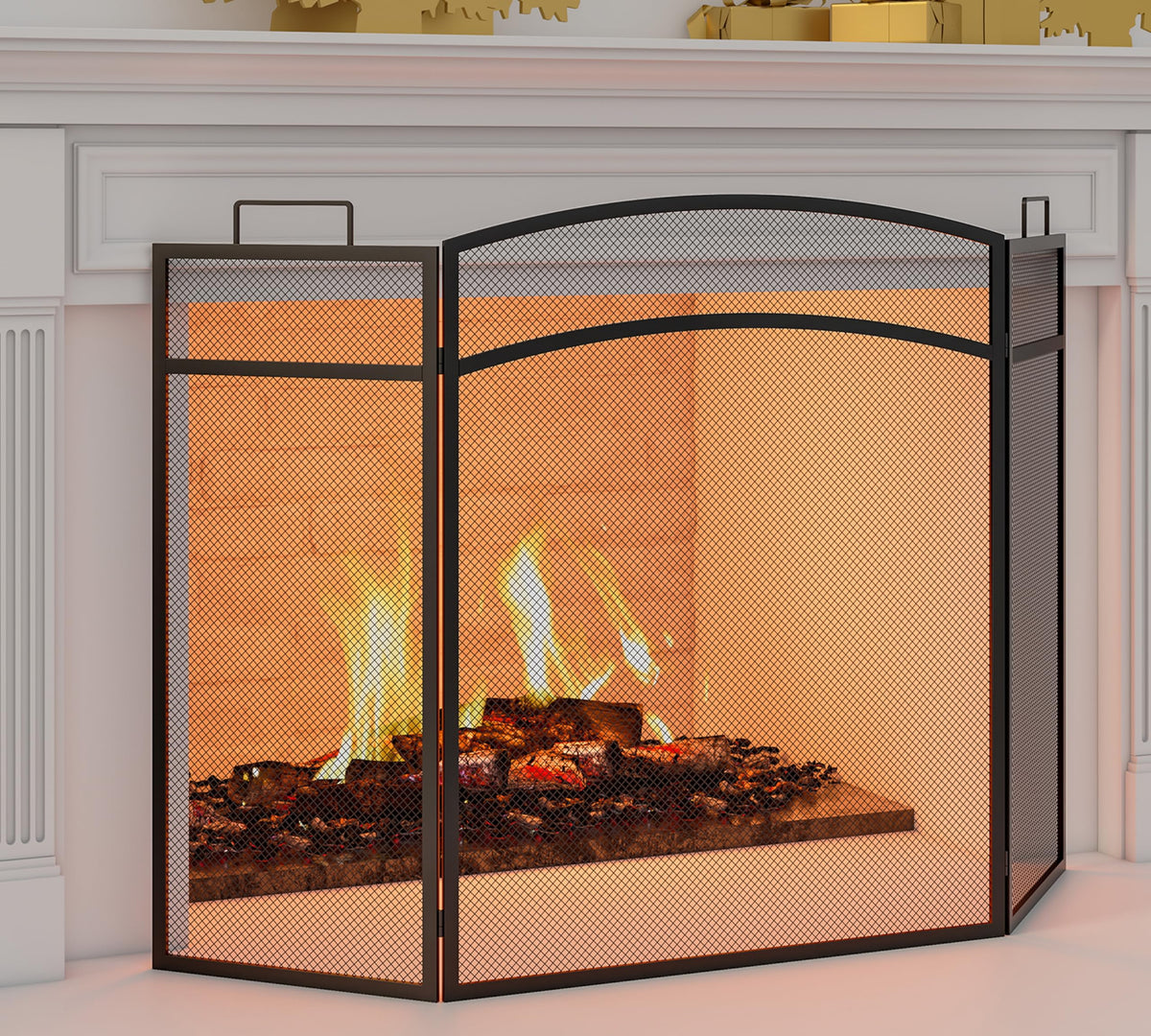 Black Foldable Wrought Metal Mesh Fireplace Screen Q9102
